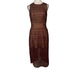 KEEPSAKE Women’s Medium Burgundy Nude Illusion Lace Sweet Nothing Midi Dress